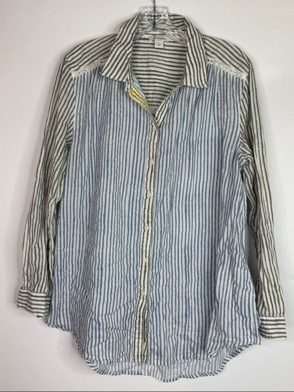 Sundance Blue Green Striped Button Down Cotton Shirt Size Large